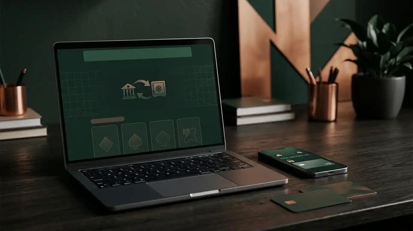 Laptop beside a phone with abstract banking and casino-game tiles