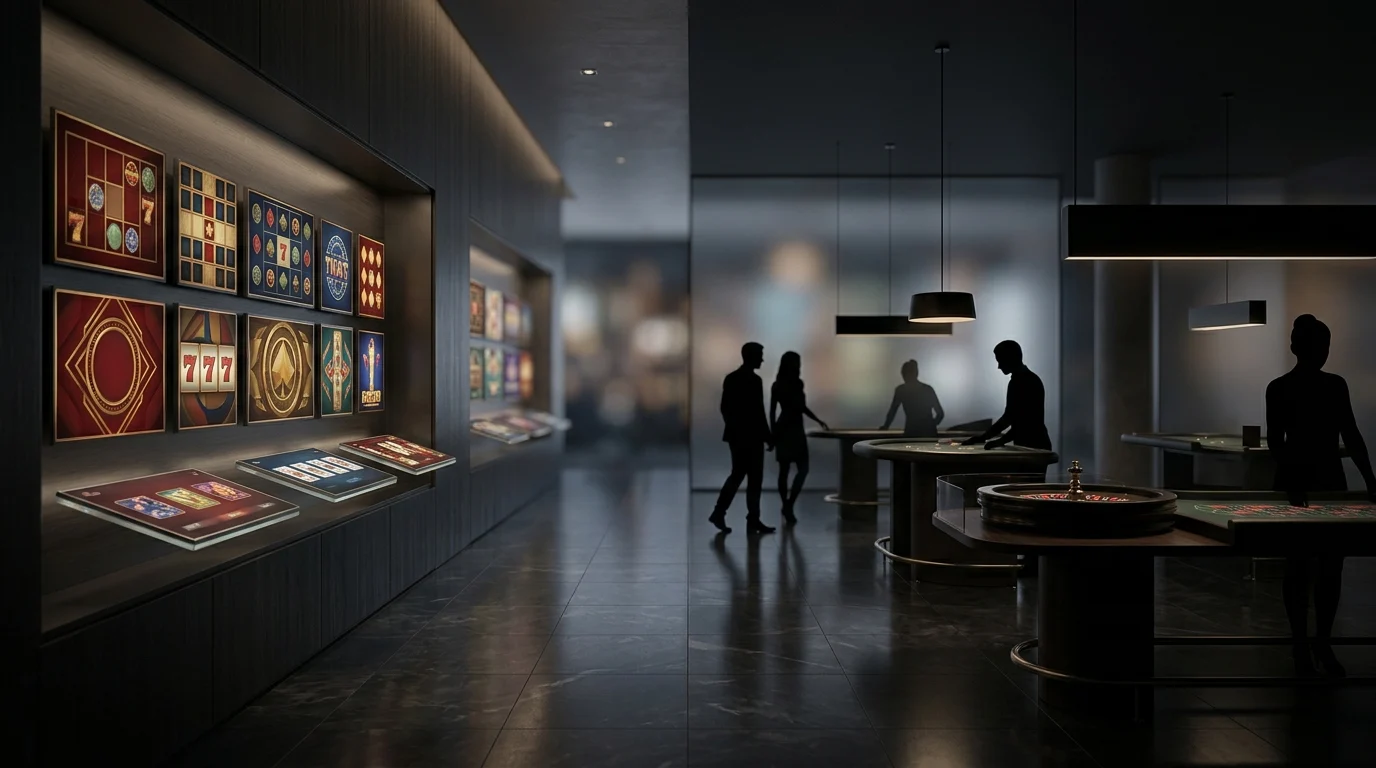 Dark casino lobby concept with slot tiles and live table silhouettes